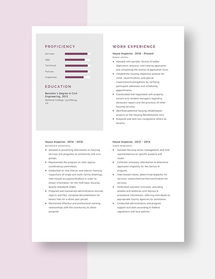 House Inspector Resume Template