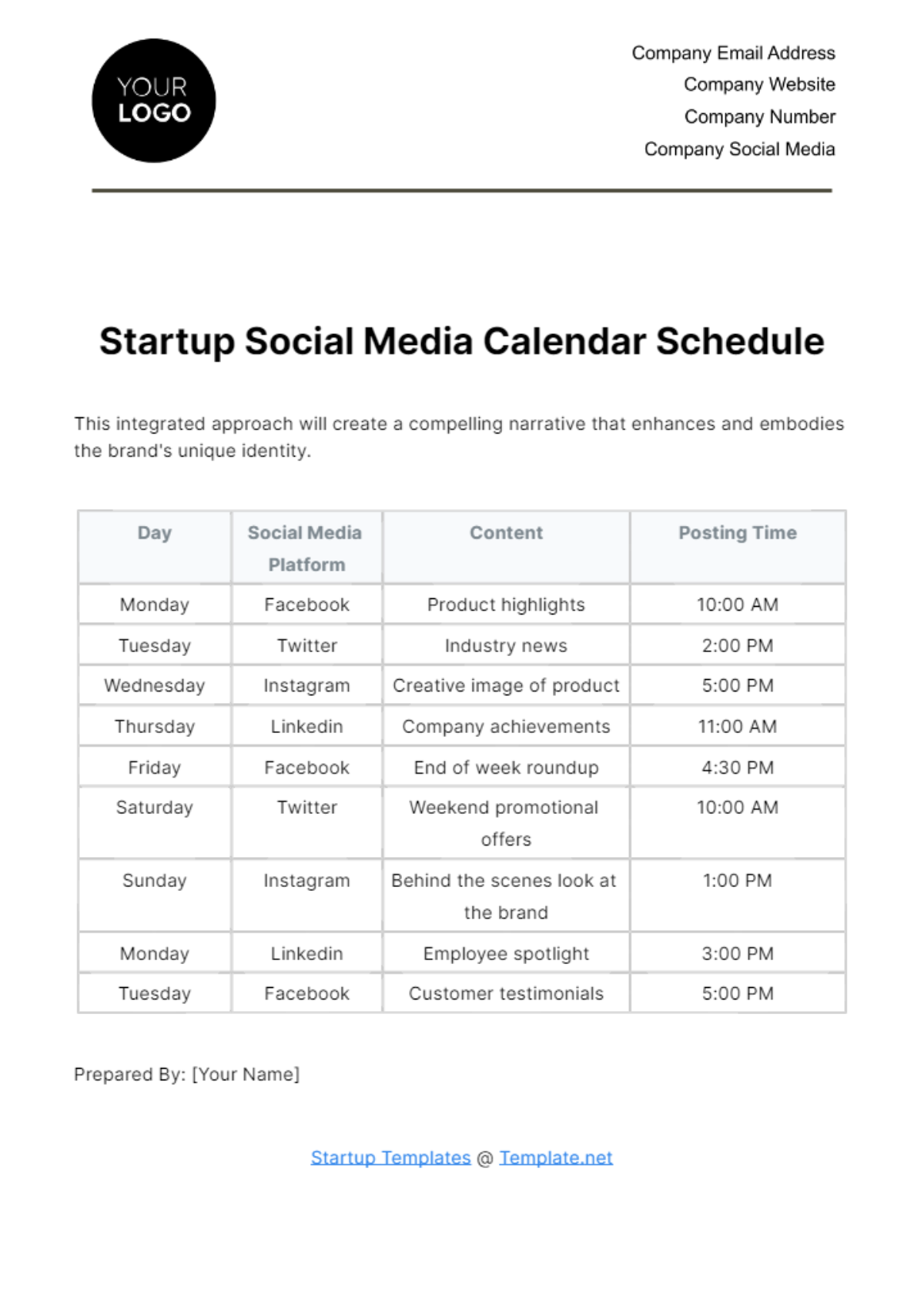 Free Startup Social Media Calendar Schedule Template