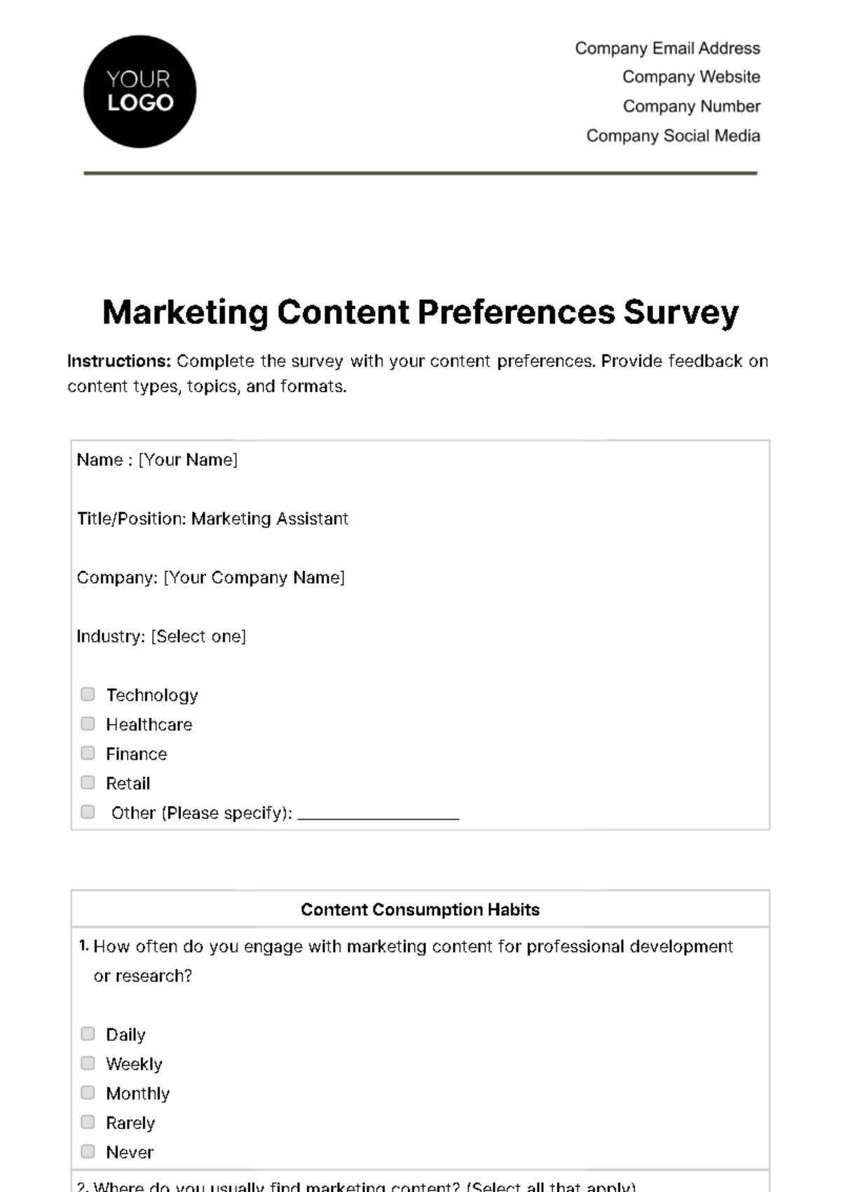 Marketing Content Preferences Survey Template