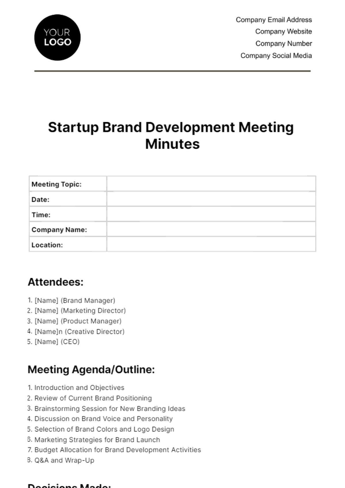 Startup Brand Development Meeting Minute Template