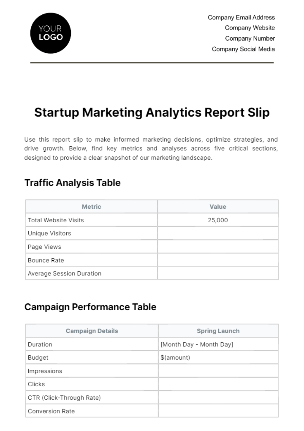 Free Startup Marketing Analytics Report Slip Template
