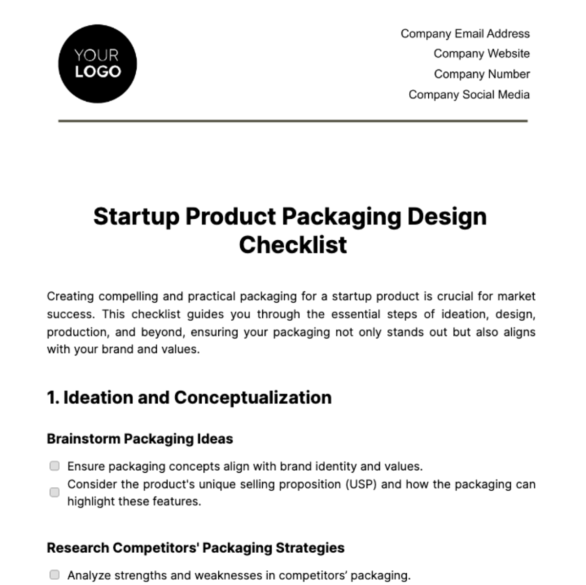 Startup Product Packaging Design Checklist Template