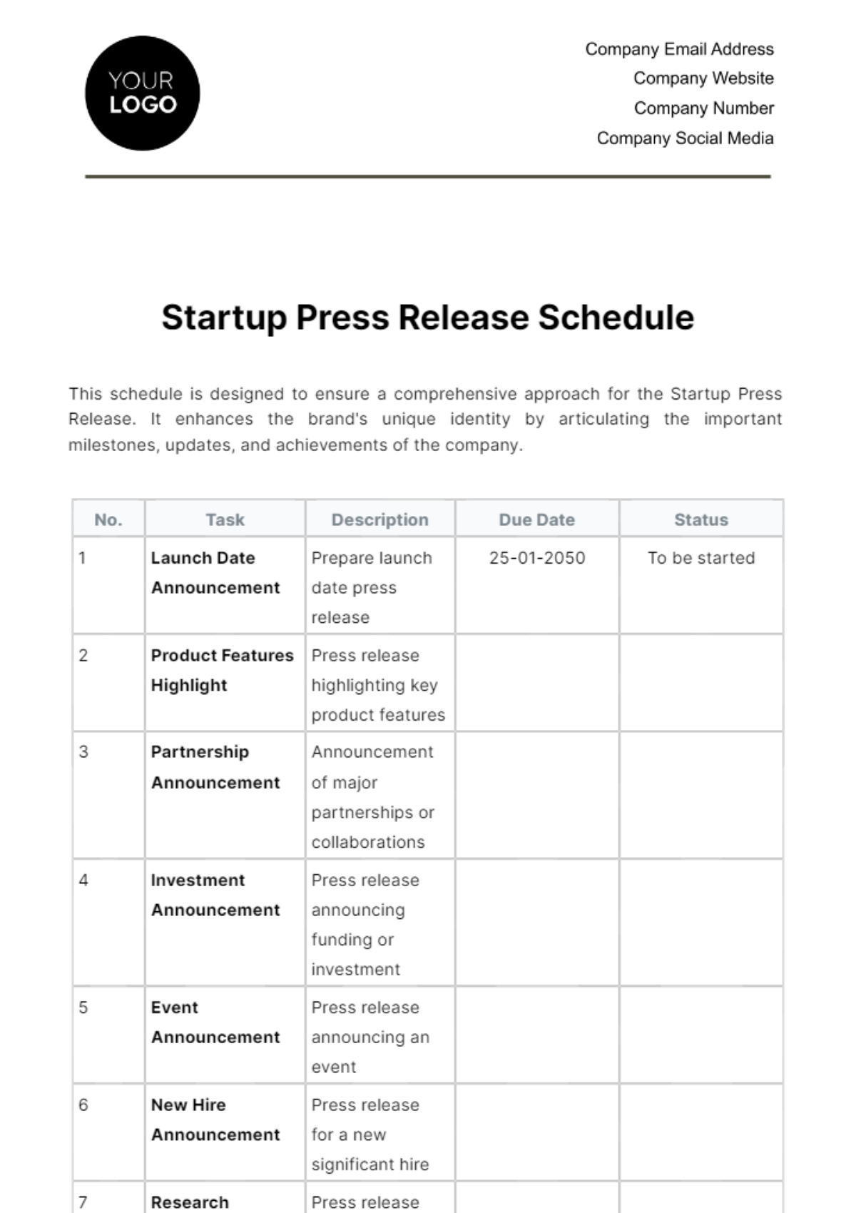 Free Startup Press Release Schedule Template