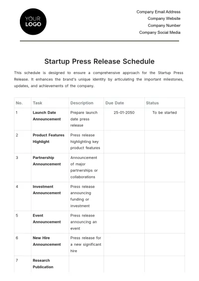 Free Startup Press Release Schedule Template to Edit Online