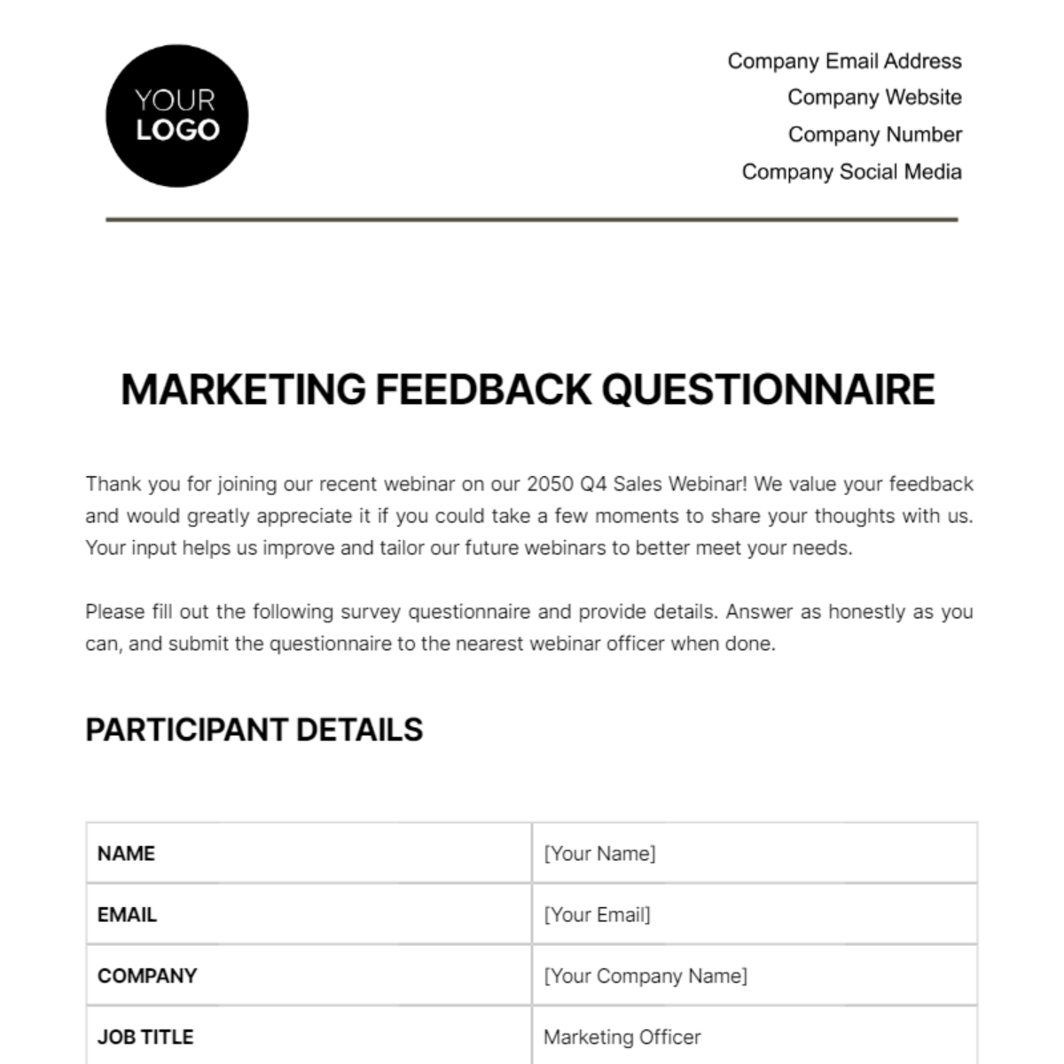 Marketing Feedback Questionnaire for Webinars Template