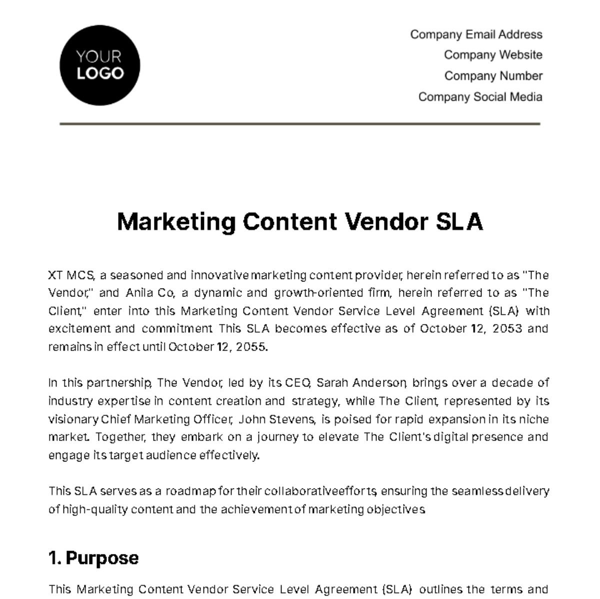 Marketing Content Vendor SLA Template