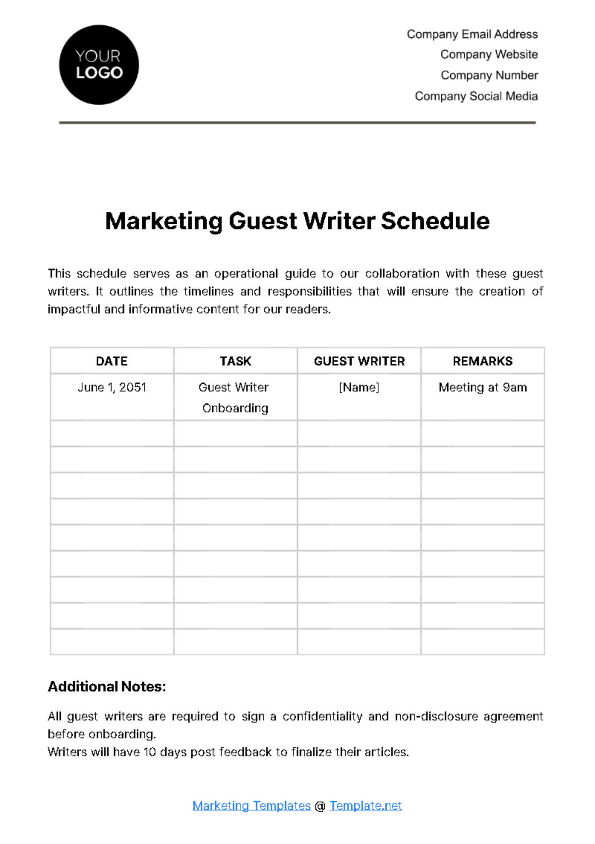 Free Marketing Guest Writer Schedule Template Edit Online Download
