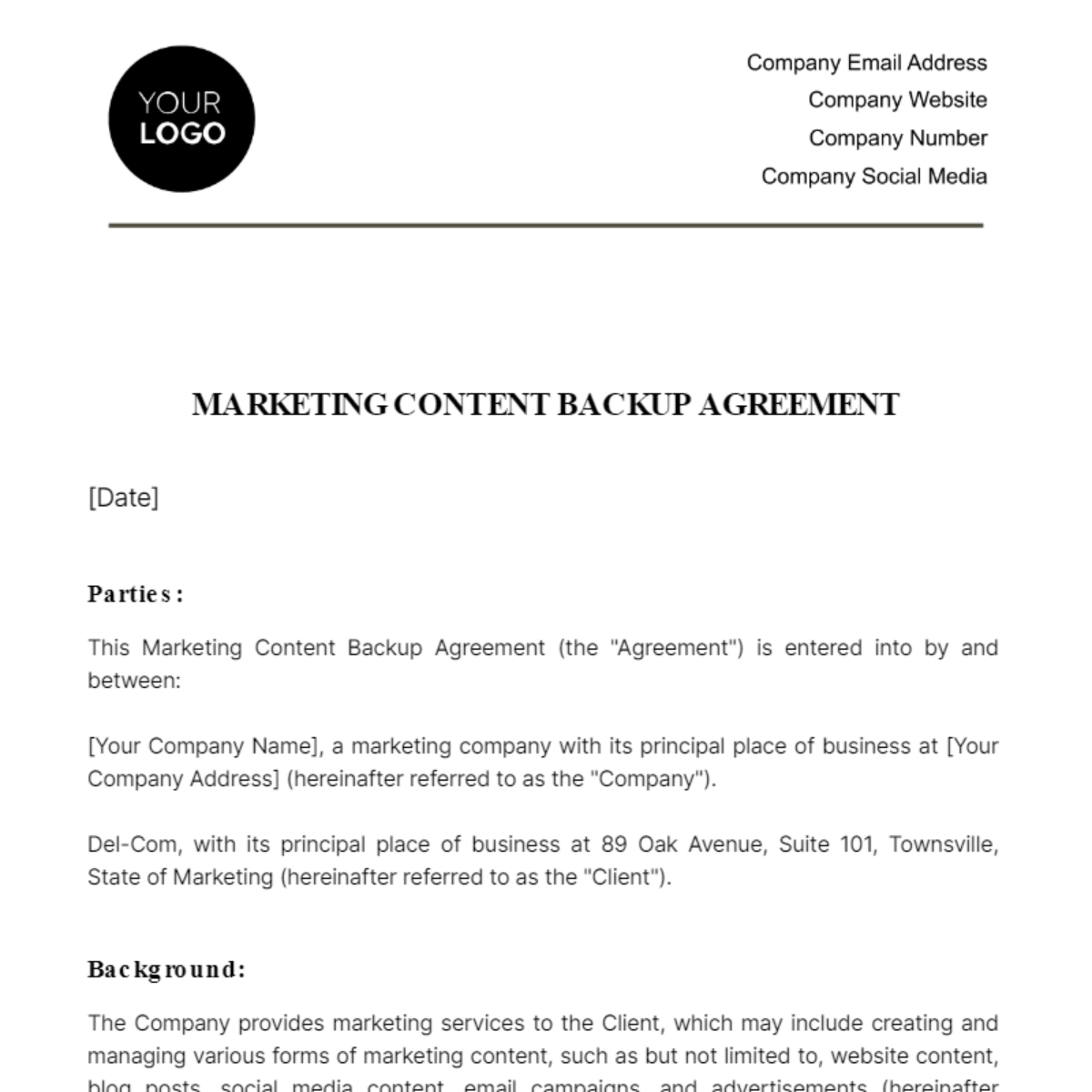 Marketing Content Backup Agreement Template