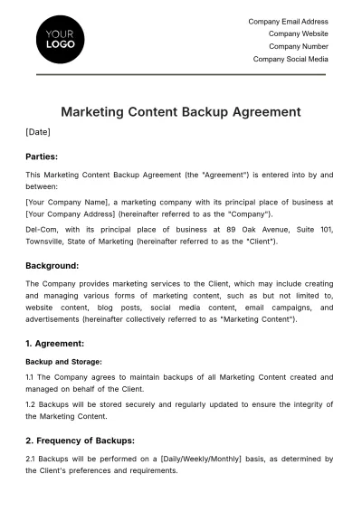 Free Marketing Content Backup Agreement Template to Edit Online