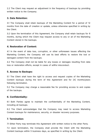 Free Marketing Content Backup Agreement Template to Edit Online