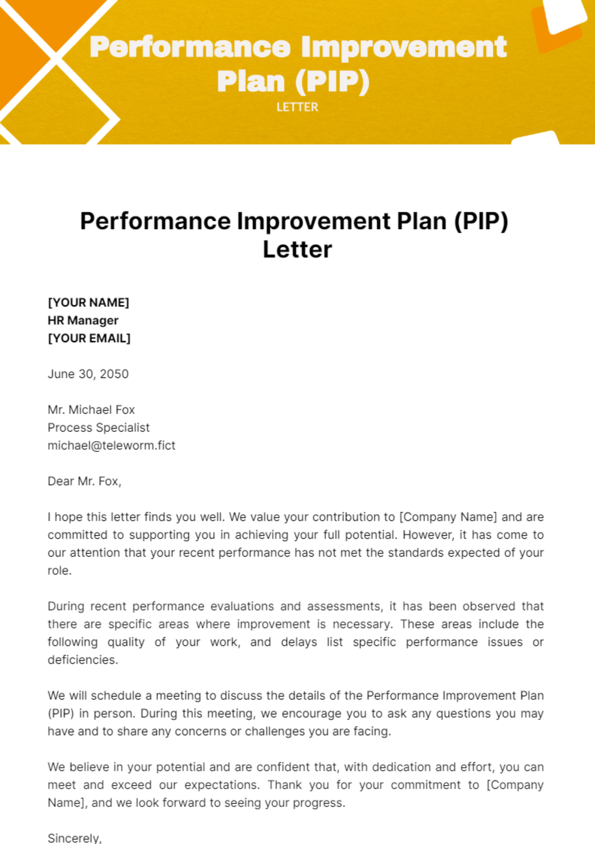 Performance Improvement Plan (PIP) Letter Template