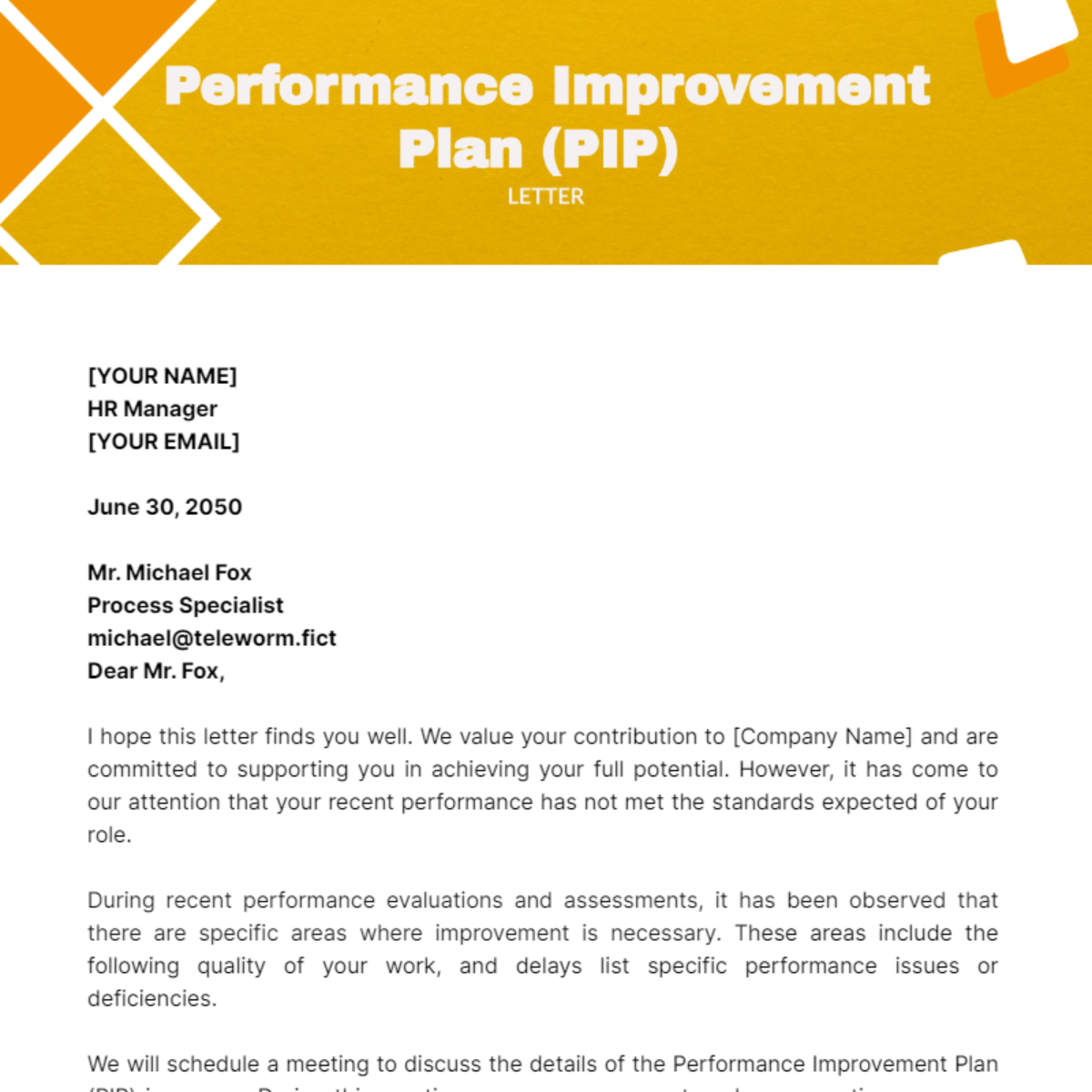 Performance Improvement Plan (PIP) Letter Template