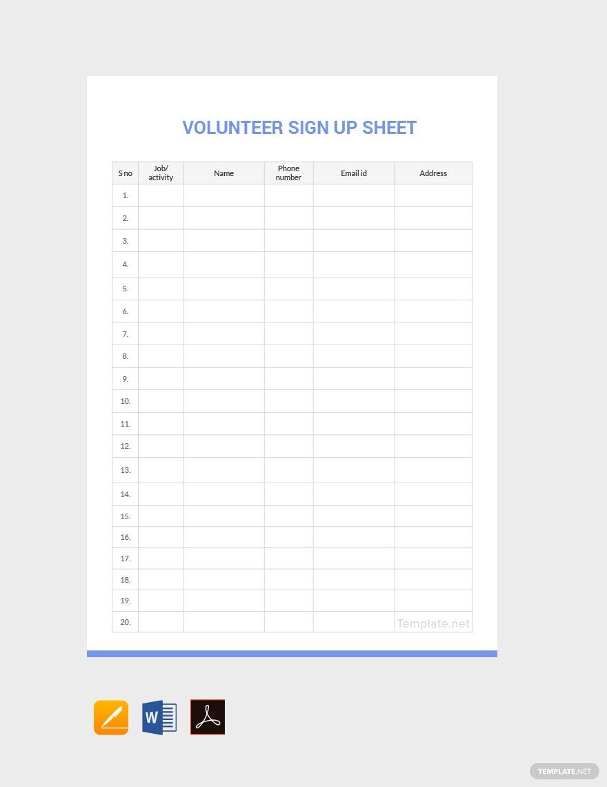 Volunteer Sign Up Sheet Template in Word, Google Docs, PDF, Apple Pages