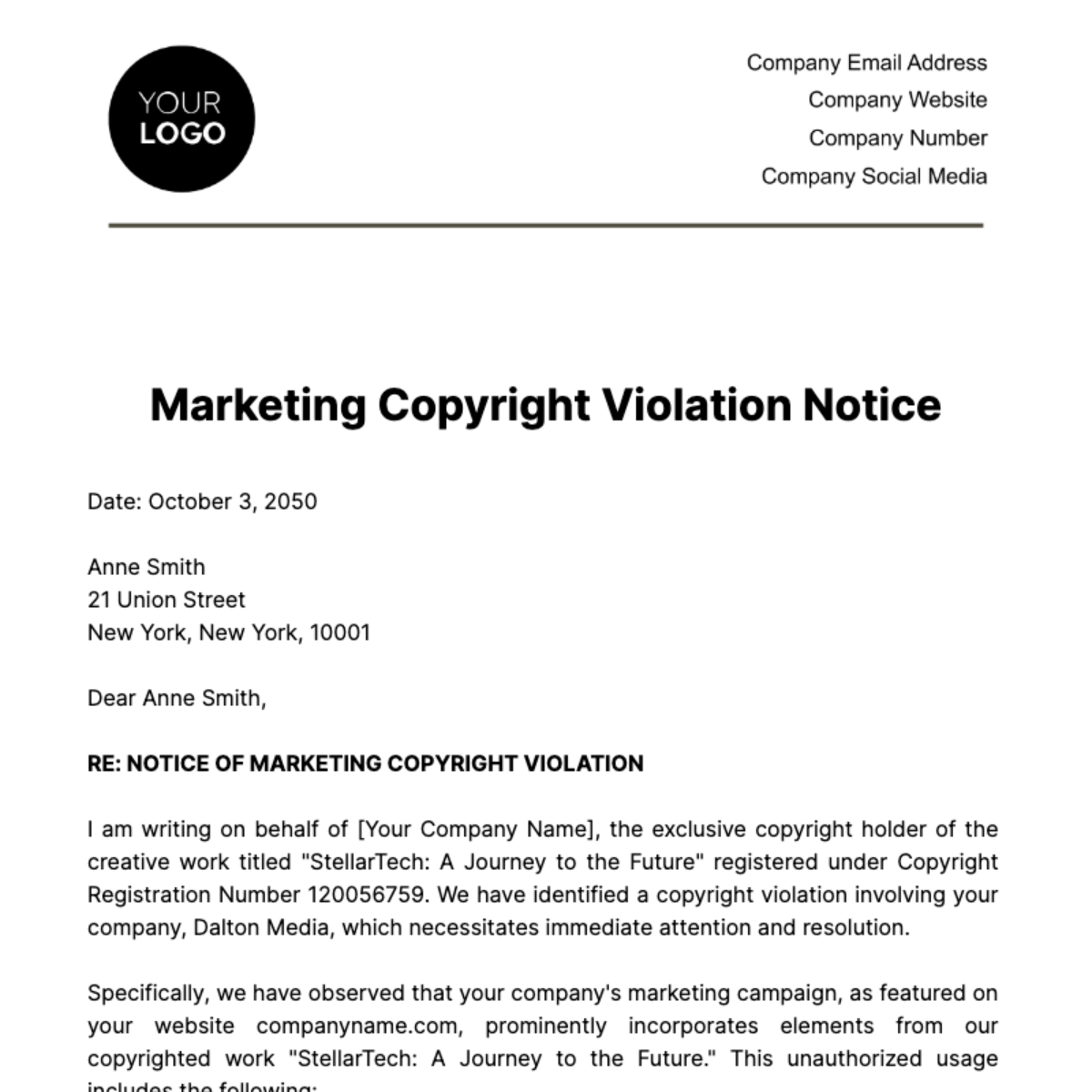 Marketing Copyright Violation Notice Template