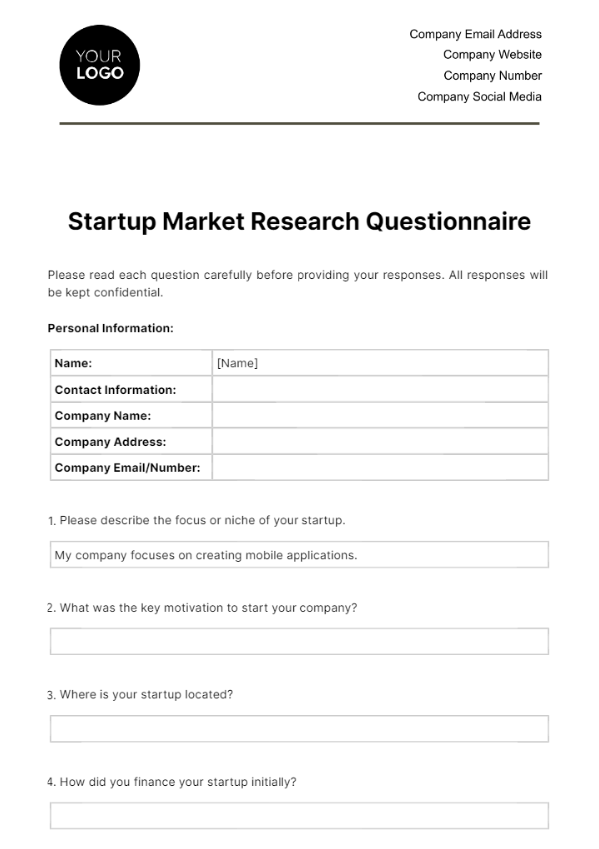 Free Startup Market Research Questionnaire Template