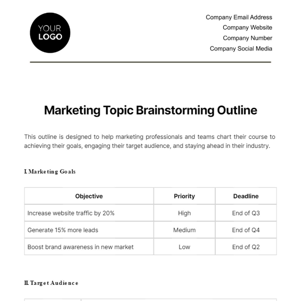 Marketing Topic Brainstorming Outline Template