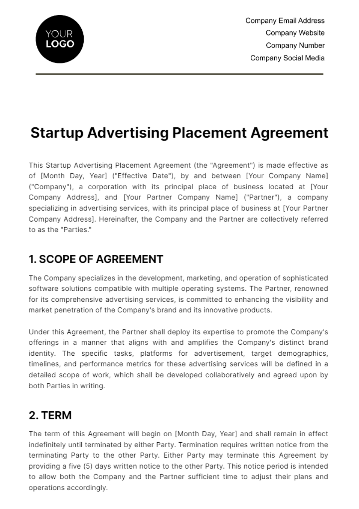 Startup Advertising Placement Agreement Template