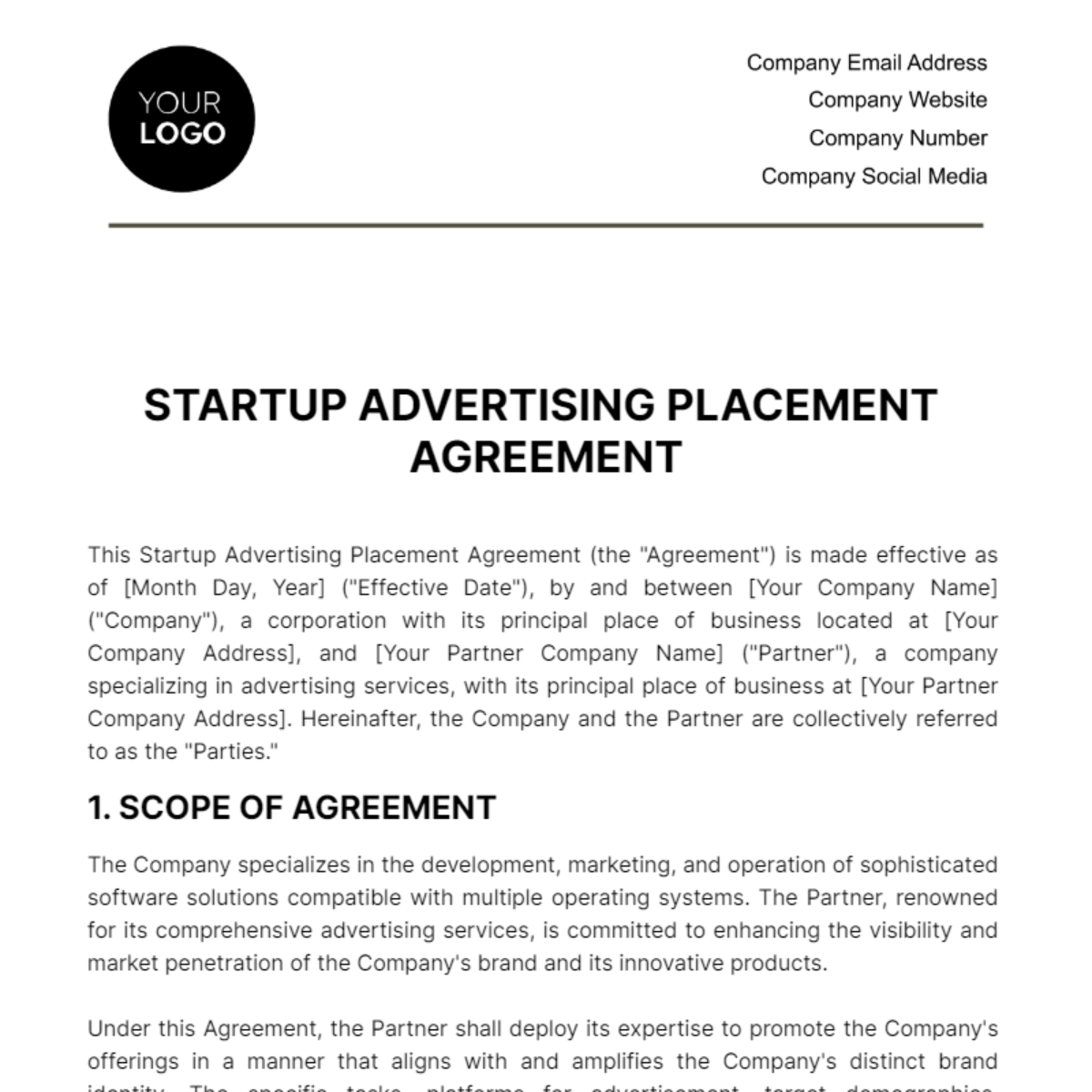 Startup Advertising Placement Agreement Template - Edit Online & Download