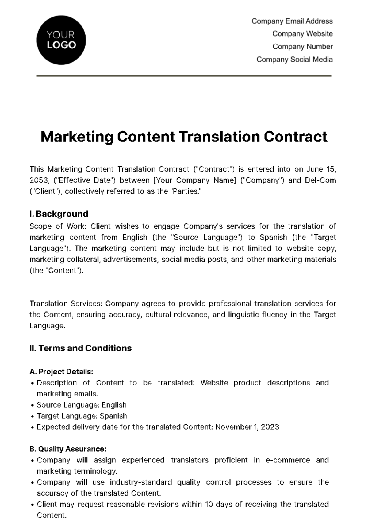 Free Marketing Content Translation Contract Template