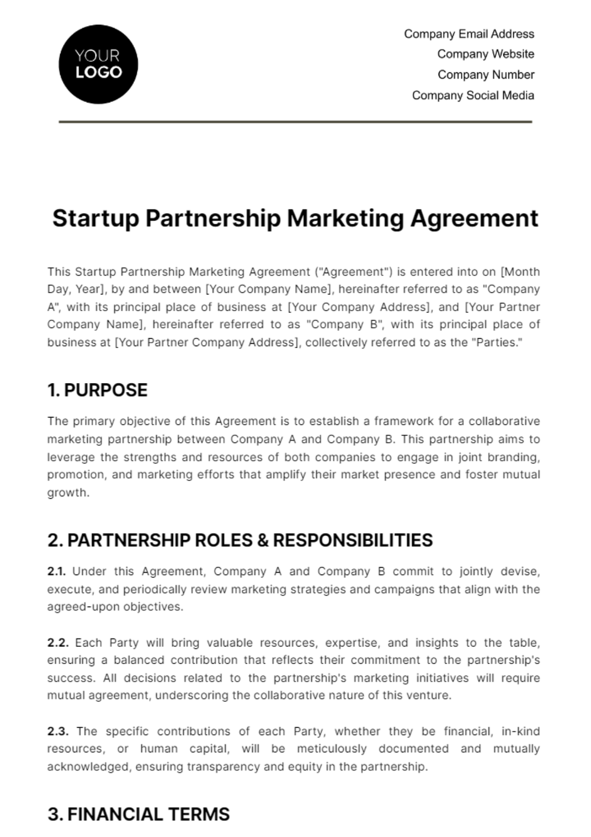 Startup Partnership Marketing Agreement Template