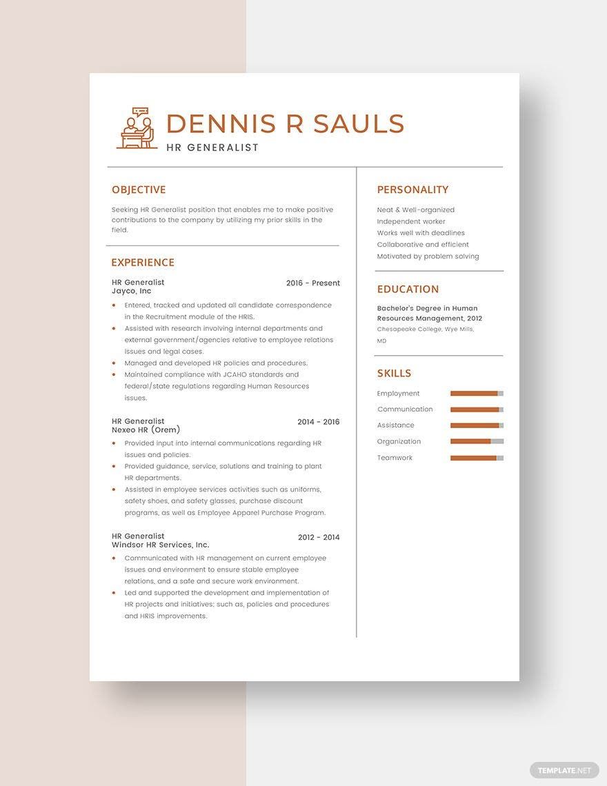 HR Generalist Resume in Pages Word Download Template net