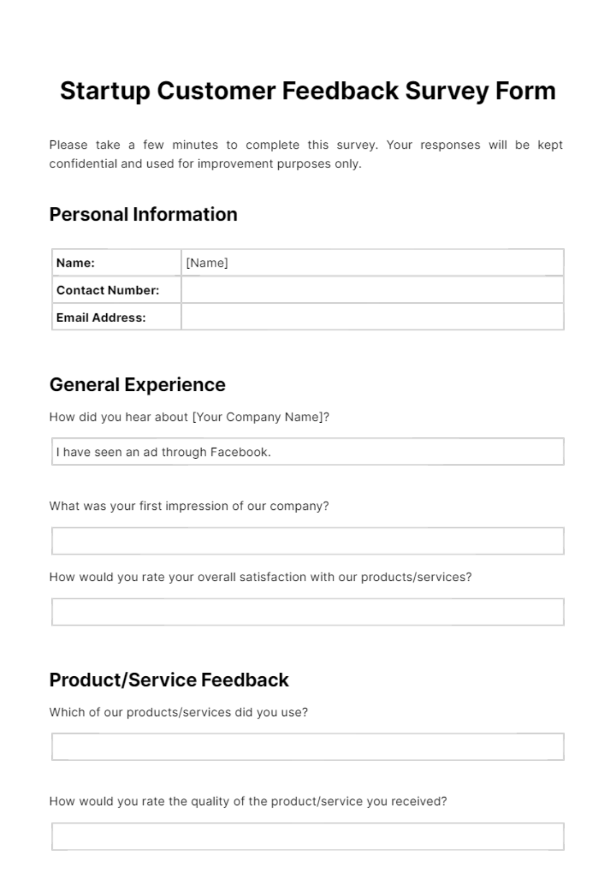 Free Startup Customer Feedback Survey Form Template