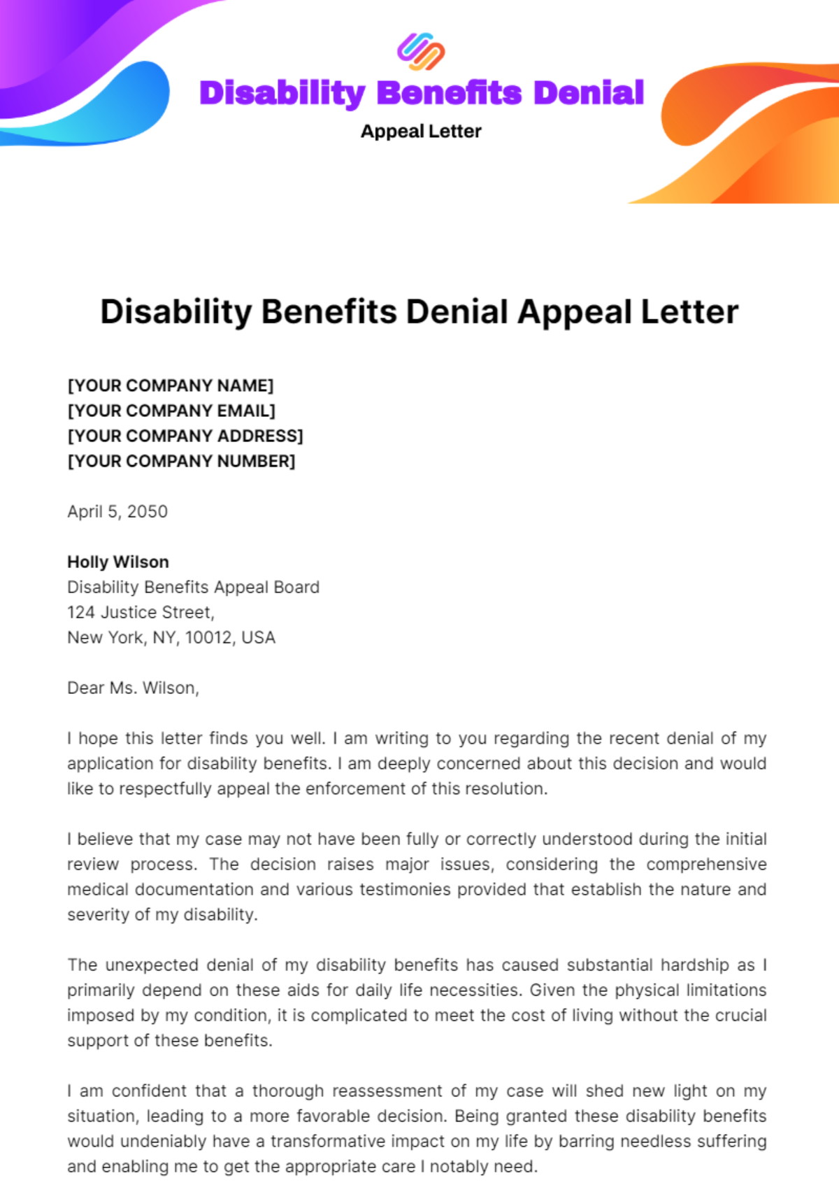 Disability Benefits Denial Appeal Letter Template - Edit Online & Download