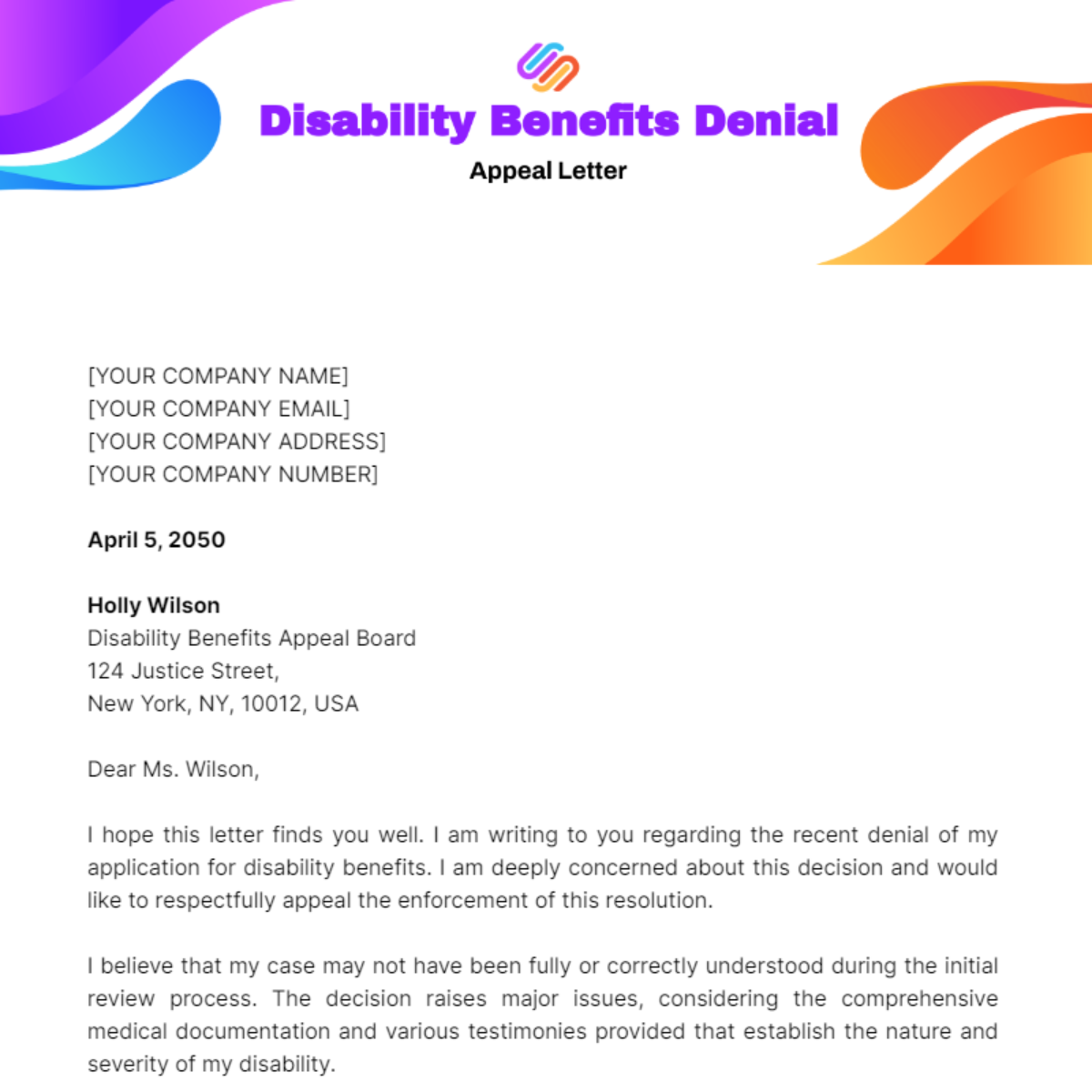 Disability Benefits Denial Appeal Letter Template