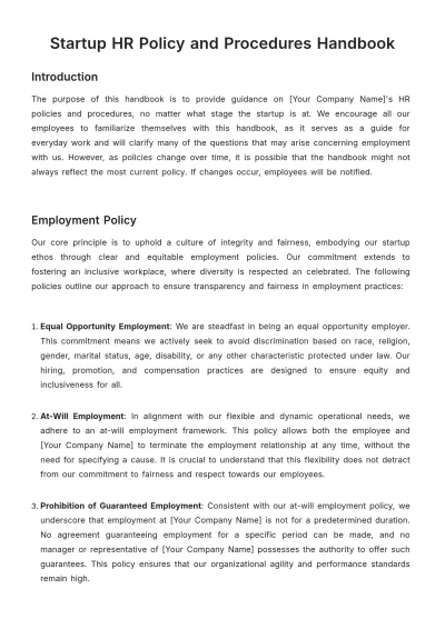 Free Startup HR Policy and Procedures Handbook Template to Edit Online