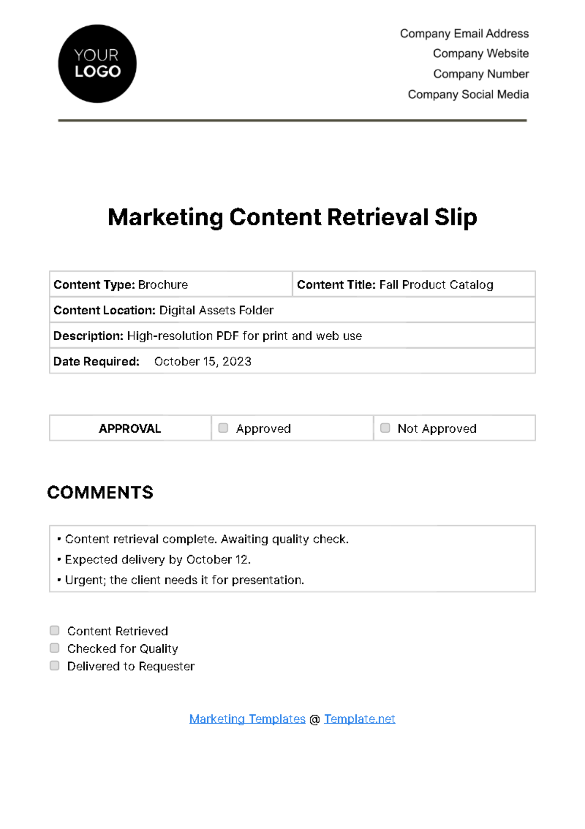 Marketing Content Retrieval Slip Template
