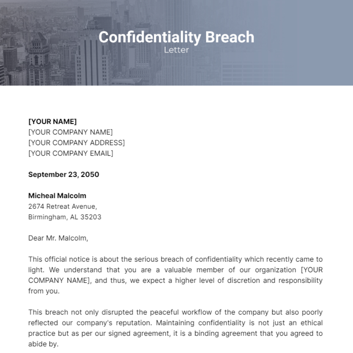 Confidentiality Breach Letter Template