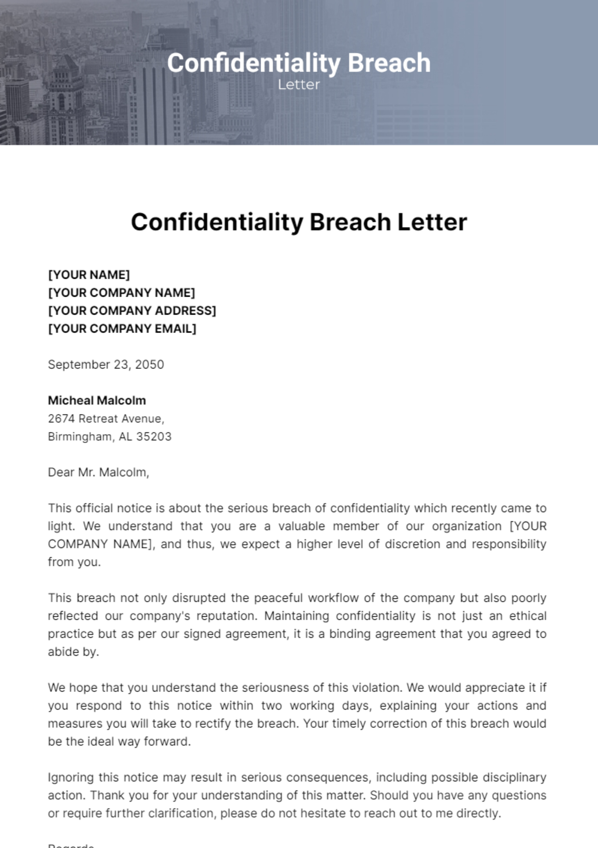 Confidentiality Breach Letter Template - Edit Online & Download