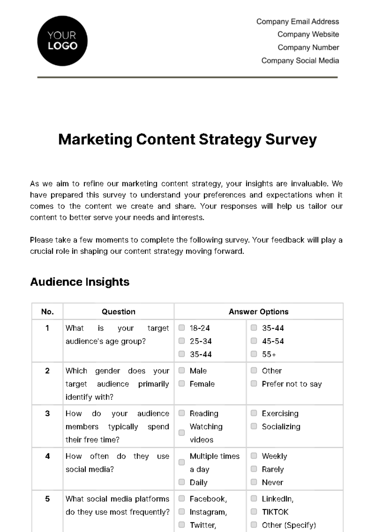 Marketing Content Strategy Survey Template