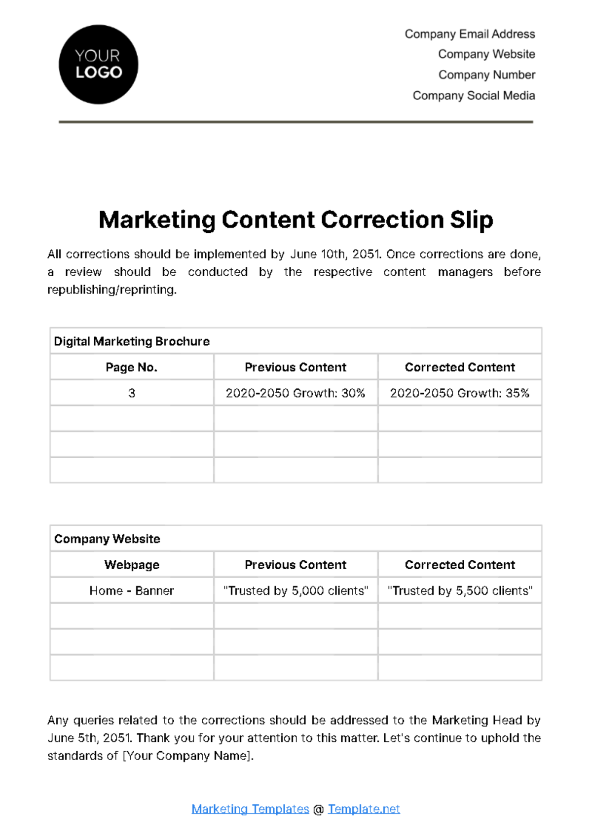 Marketing Content Correction Slip Template