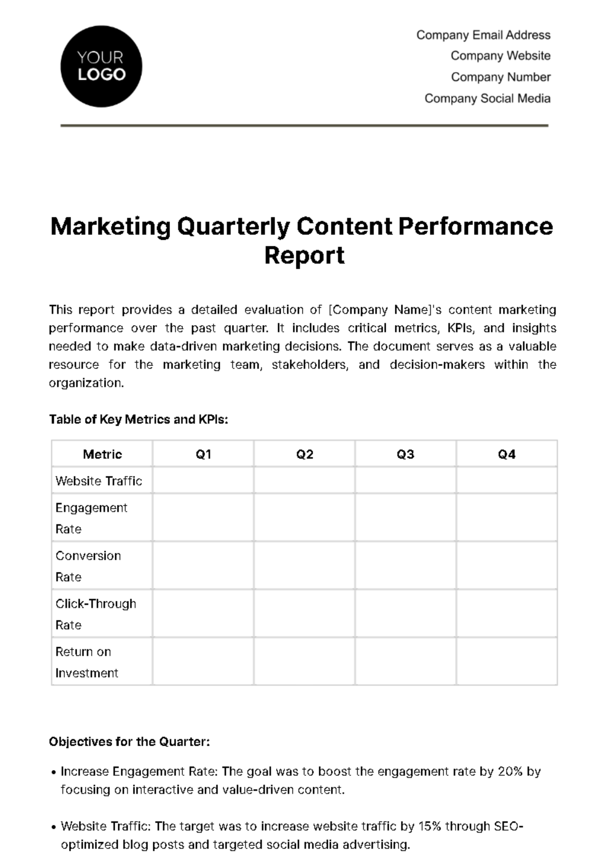 Marketing Quarterly Content Performance Report Template