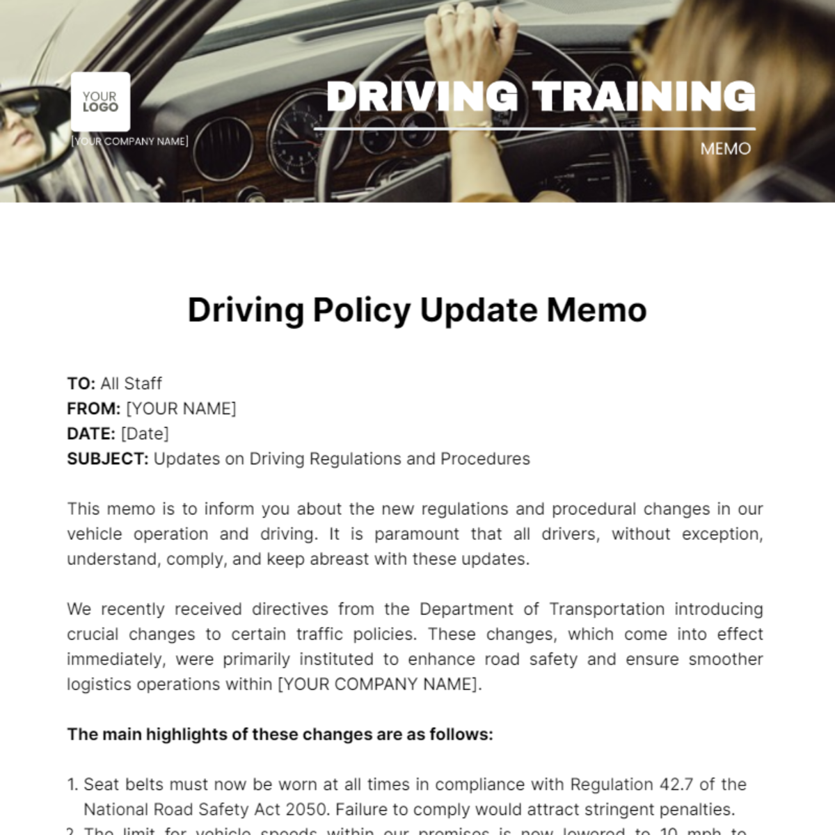 Driver Training Memo Template