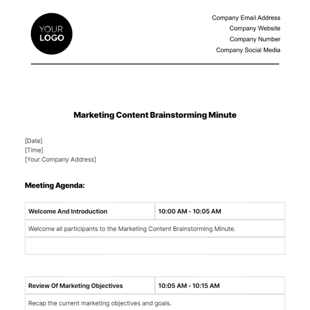Marketing Content Brainstorming Minute Template