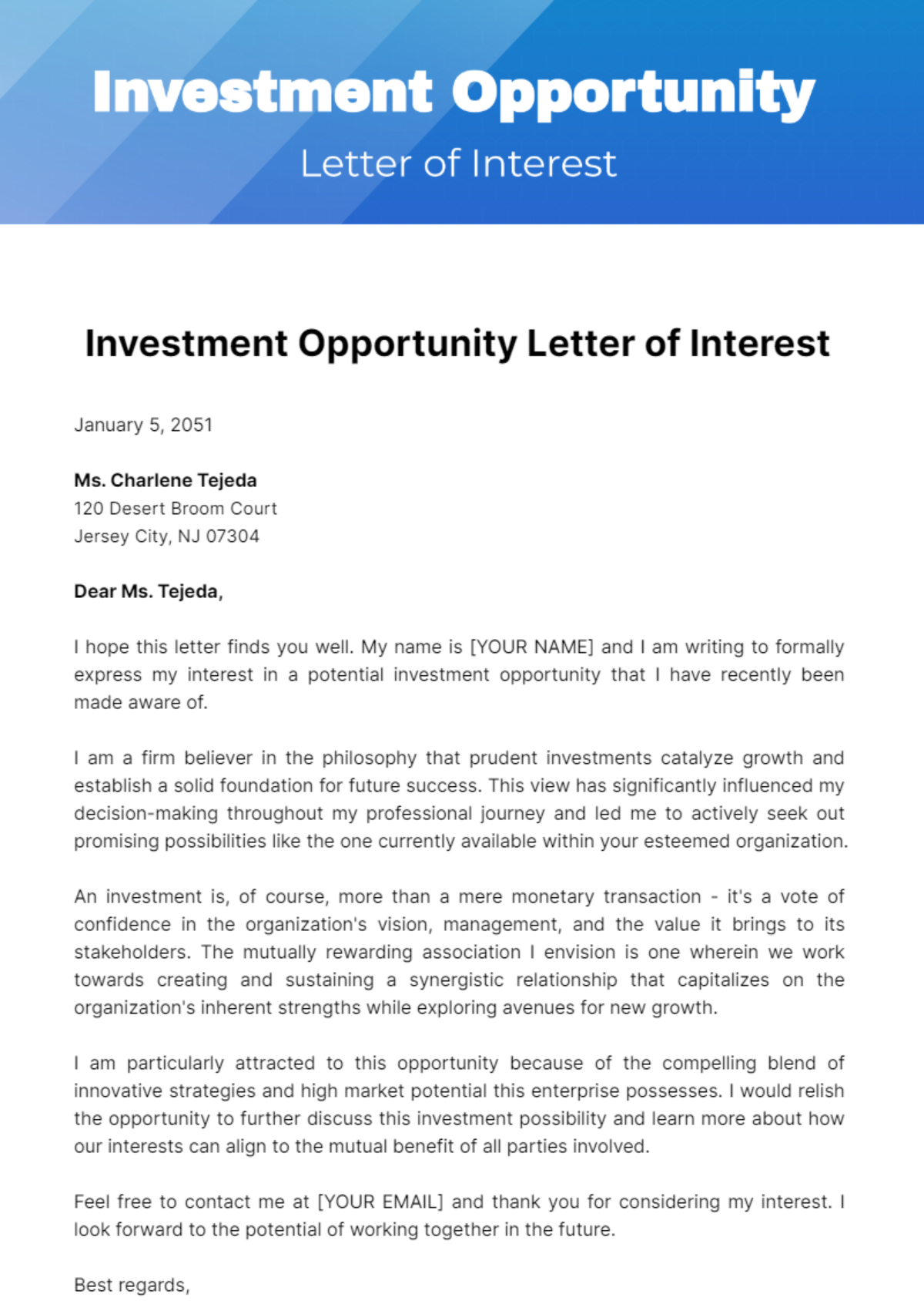 Investment Opportunity Letter of Interest Template - Edit Online & Download