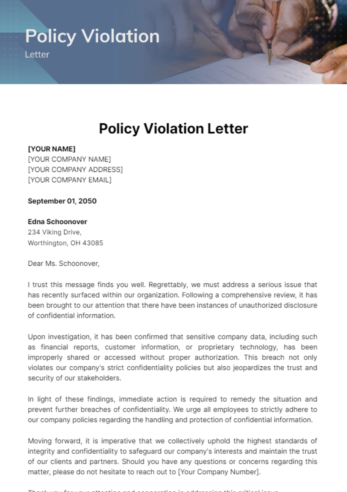 Free Policy Violation Letter Template to Edit Online