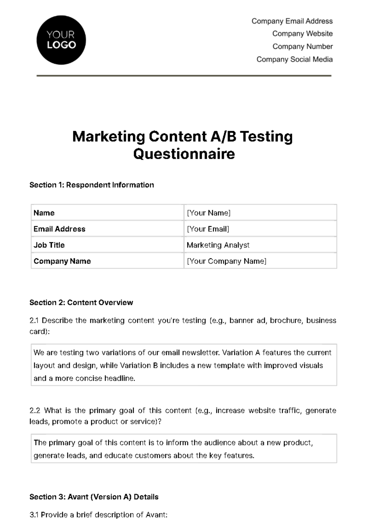 Marketing Content A/B Testing Questionnaire Template