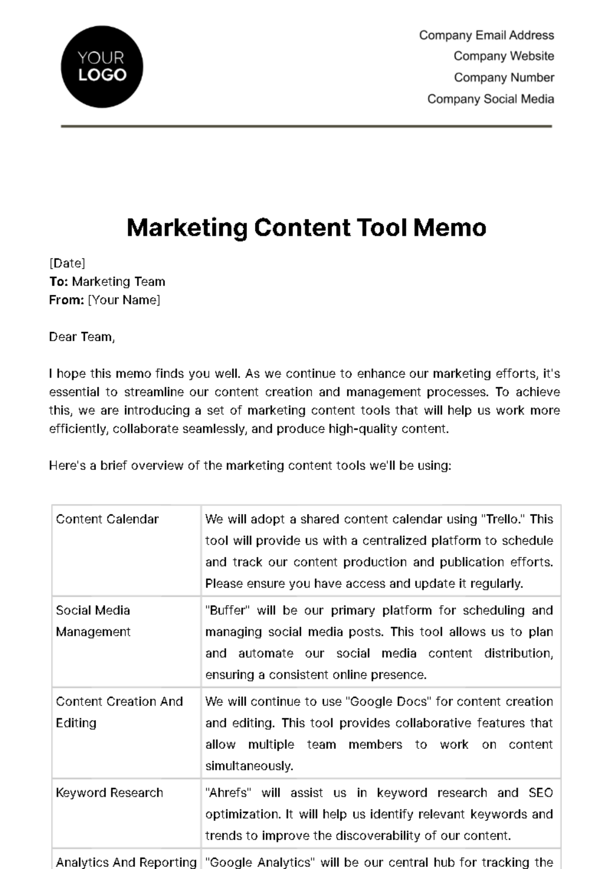 Marketing Content Tool Memo Template