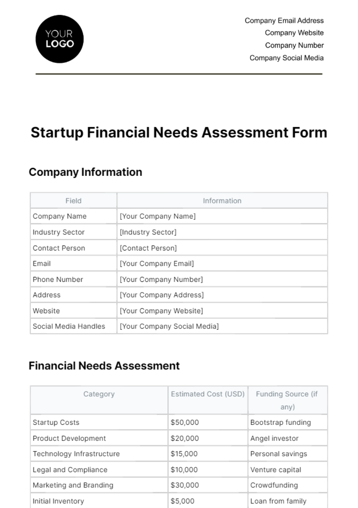 Free Startup Financial Needs Assessment Form Template