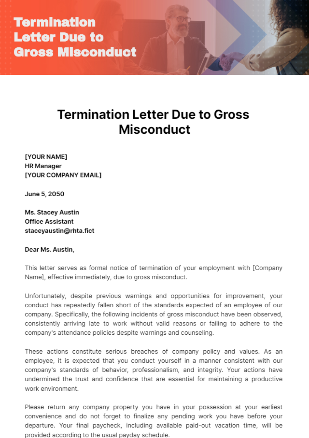 Free Termination Letter Due To Gross Misconduct Template Edit Online