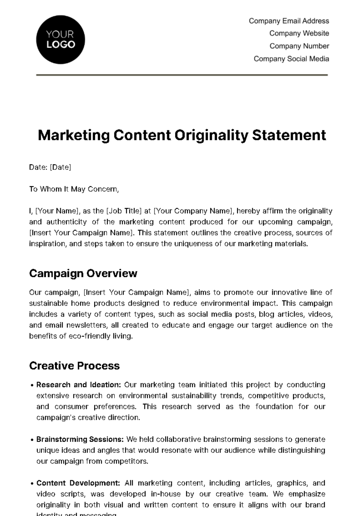 Marketing Content Originality Statement Template