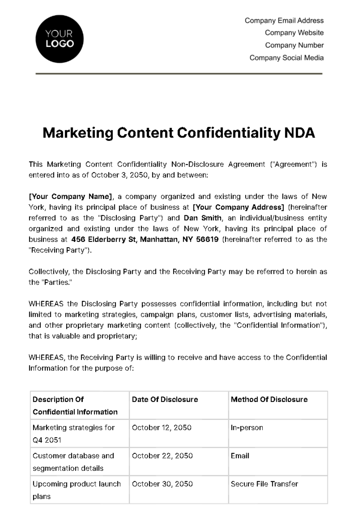 Marketing Content Confidentiality NDA Template