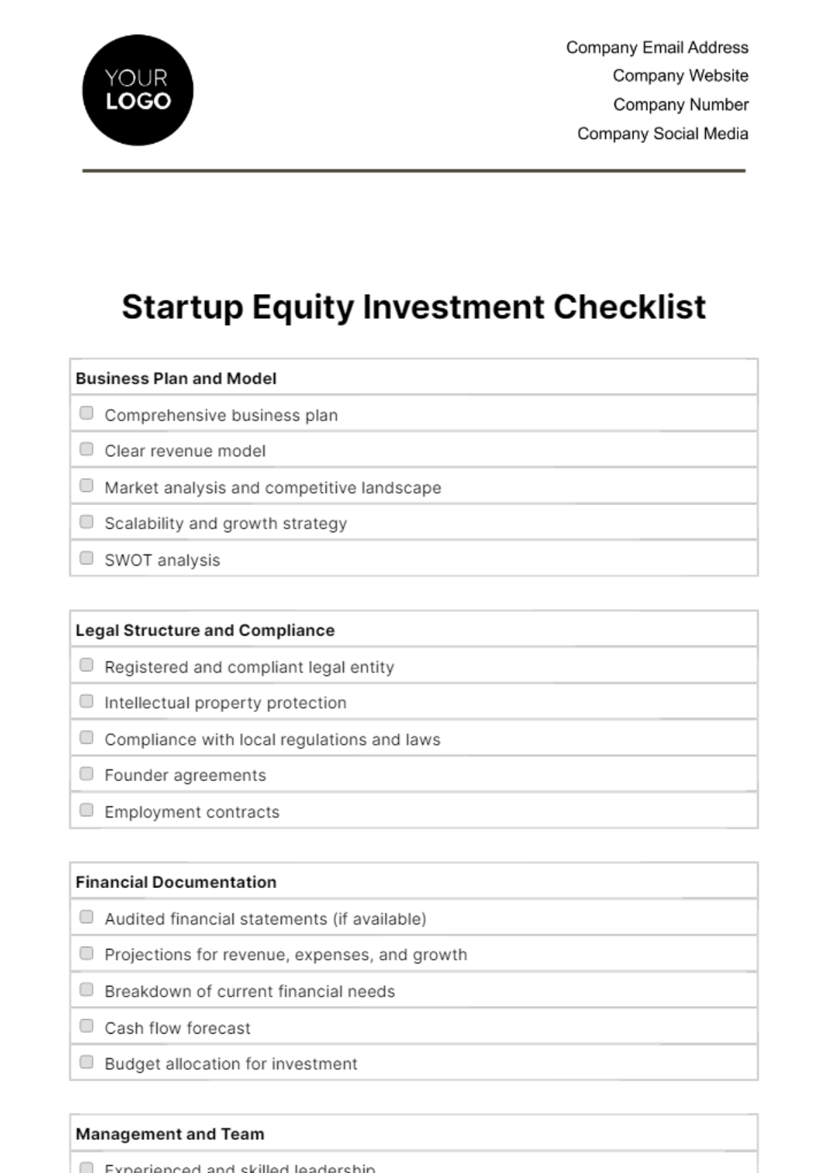 Startup Equity Investment Checklist Template