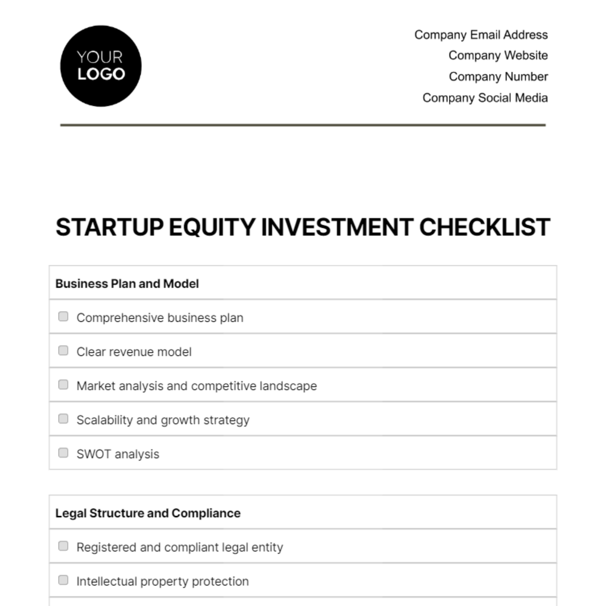 Startup Equity Investment Checklist Template