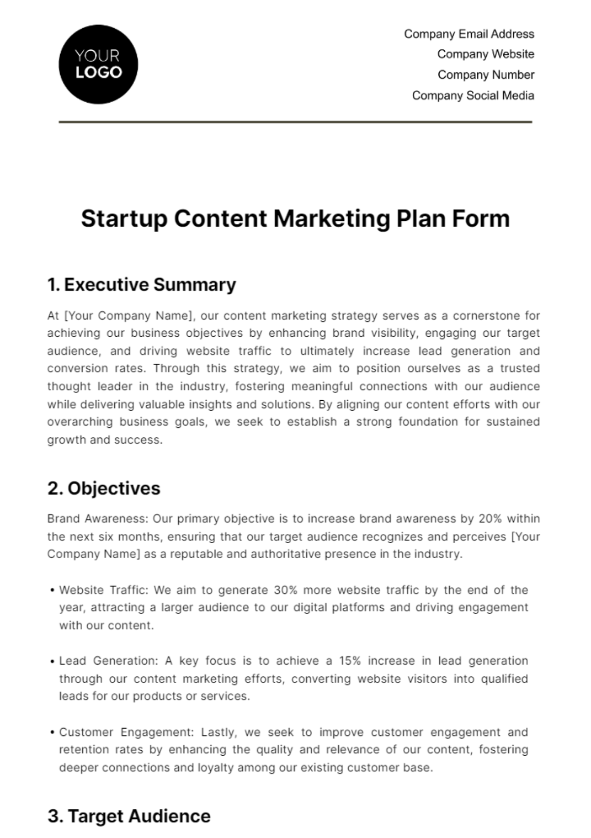 Startup Content Marketing Plan Form Template