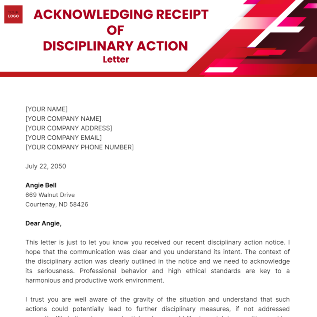 Acknowledging Receipt of Disciplinary Action Letter Template