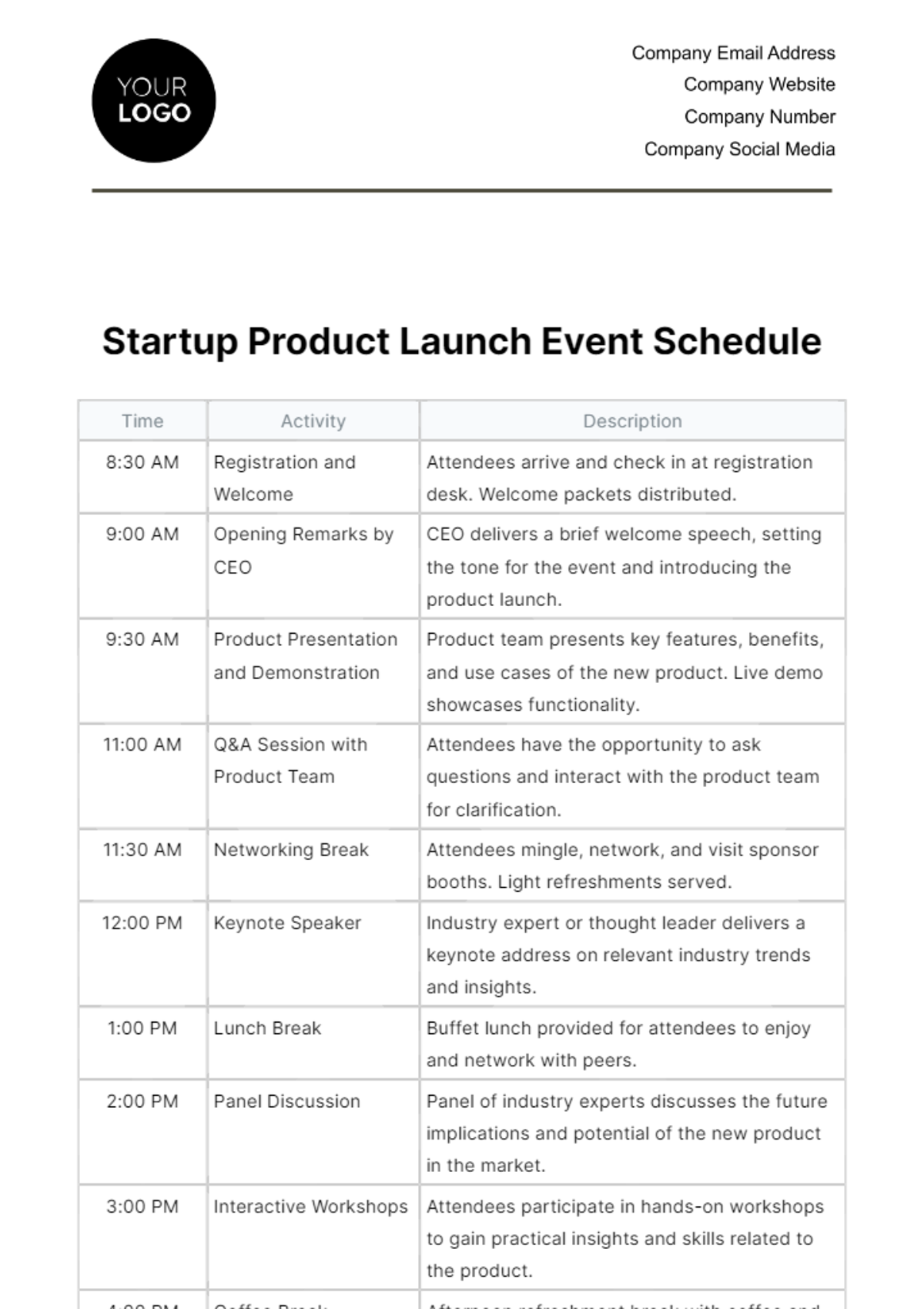 Startup Product Launch Event Schedule Template